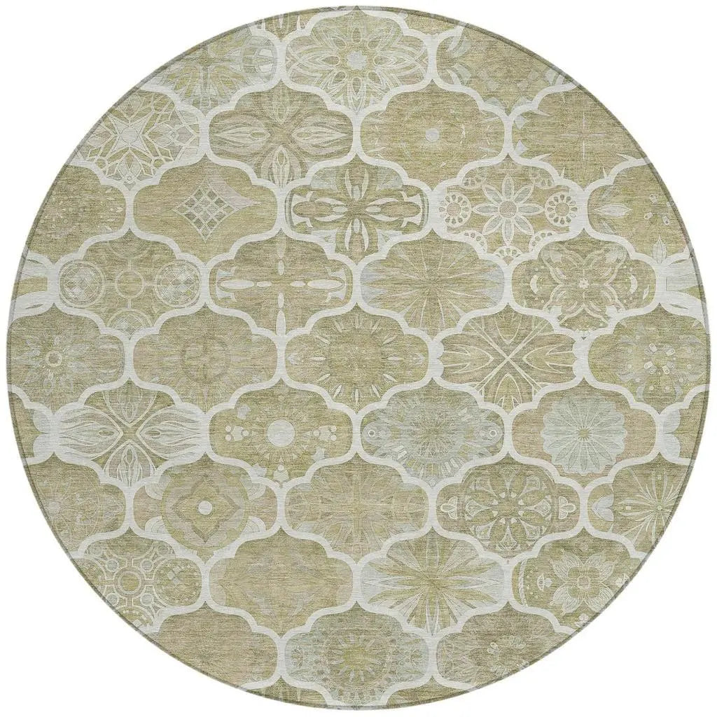 8' Taupe And Brown Round Ogee Washable Indoor Outdoor Area Rug Homeroots Outdoor