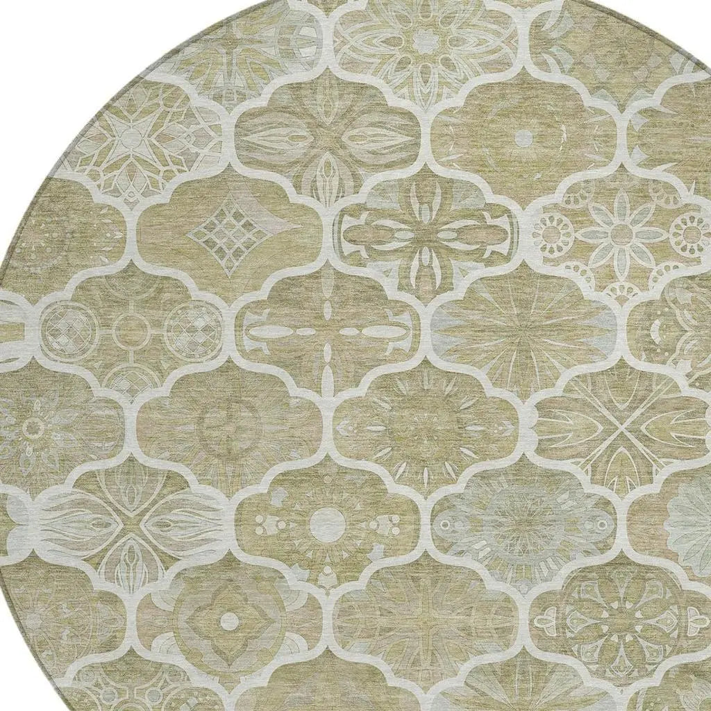 8' Taupe And Brown Round Ogee Washable Indoor Outdoor Area Rug Homeroots Outdoor