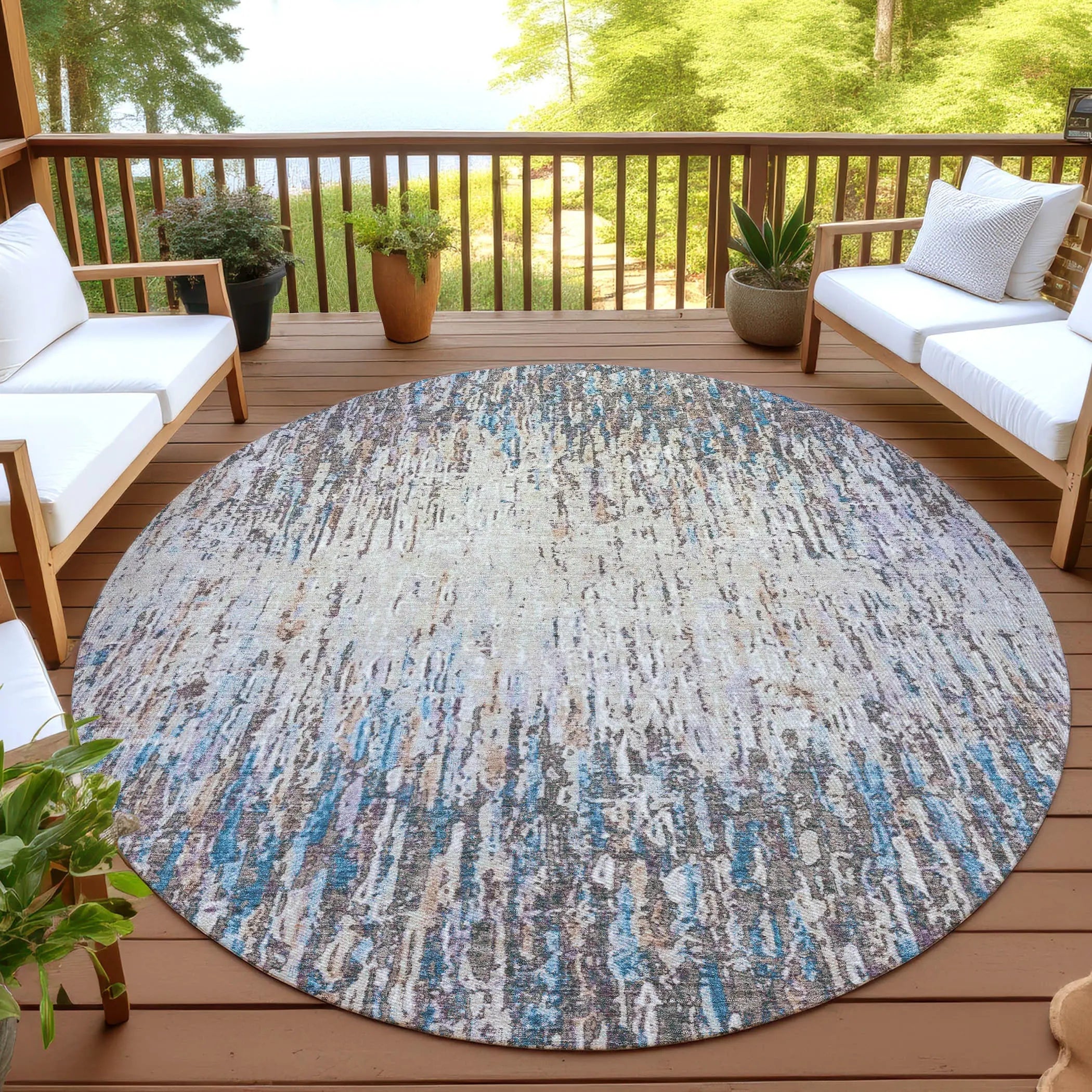 8' Taupe And Brown Round Striped Washable Indoor Outdoor Area Rug Homeroots Outdoor