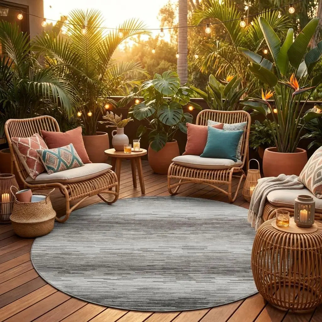 8' Taupe And Brown Round Striped Washable Indoor Outdoor Area Rug Homeroots Outdoor