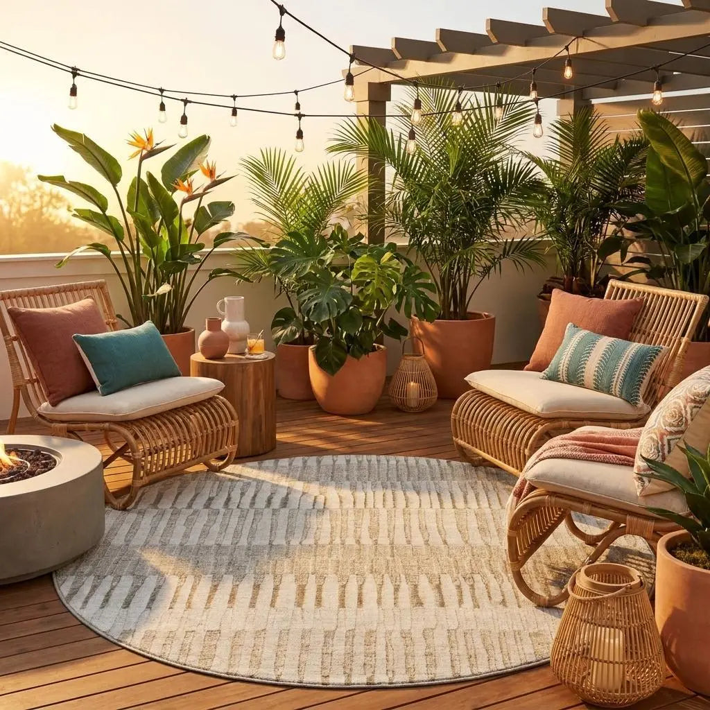 8' Taupe And Brown Round Striped Washable Indoor Outdoor Area Rug Homeroots Outdoor