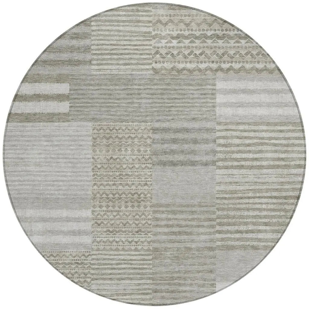 8' Taupe And Brown Round Striped Washable Indoor Outdoor Area Rug Homeroots Outdoor
