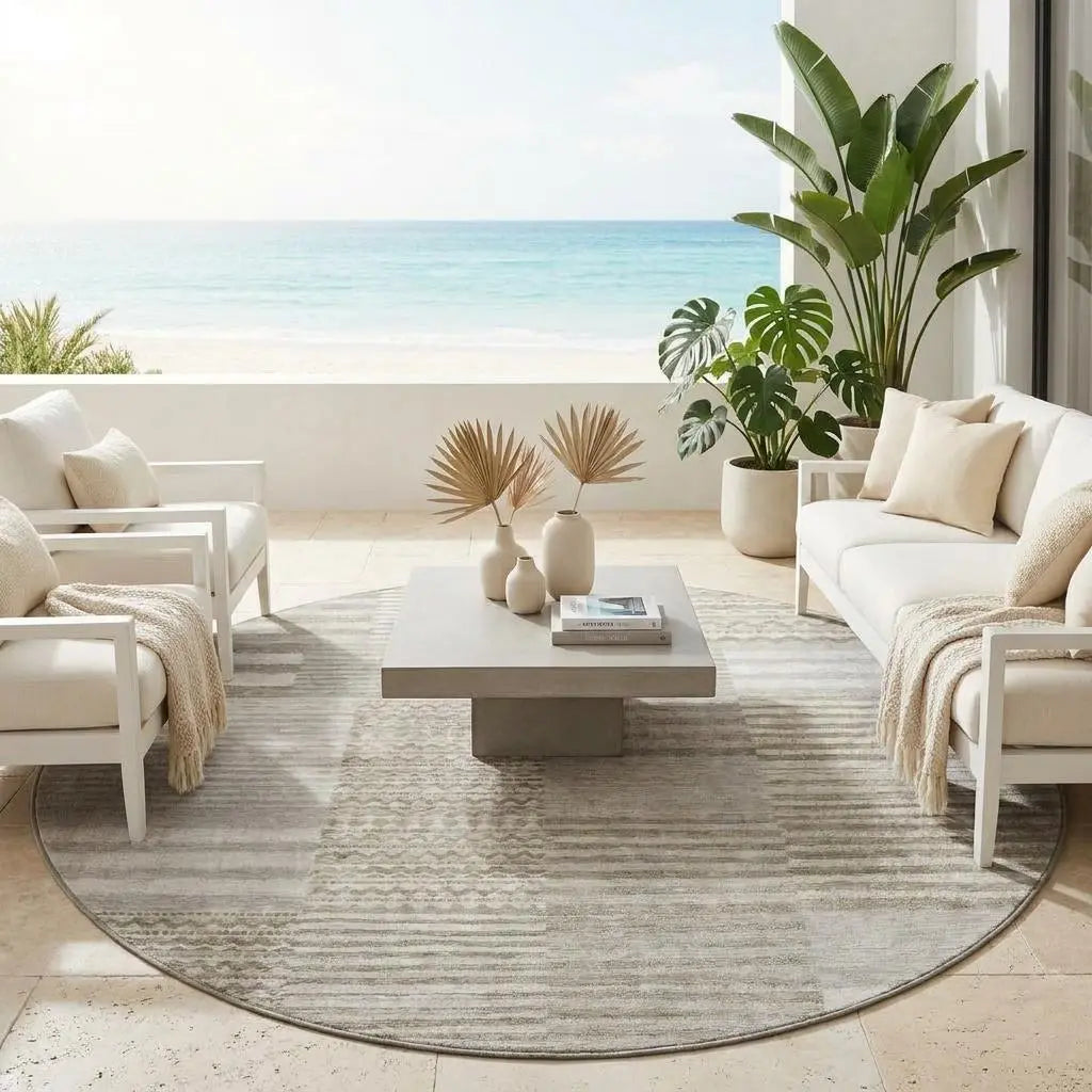 8' Taupe And Brown Round Striped Washable Indoor Outdoor Area Rug Homeroots Outdoor