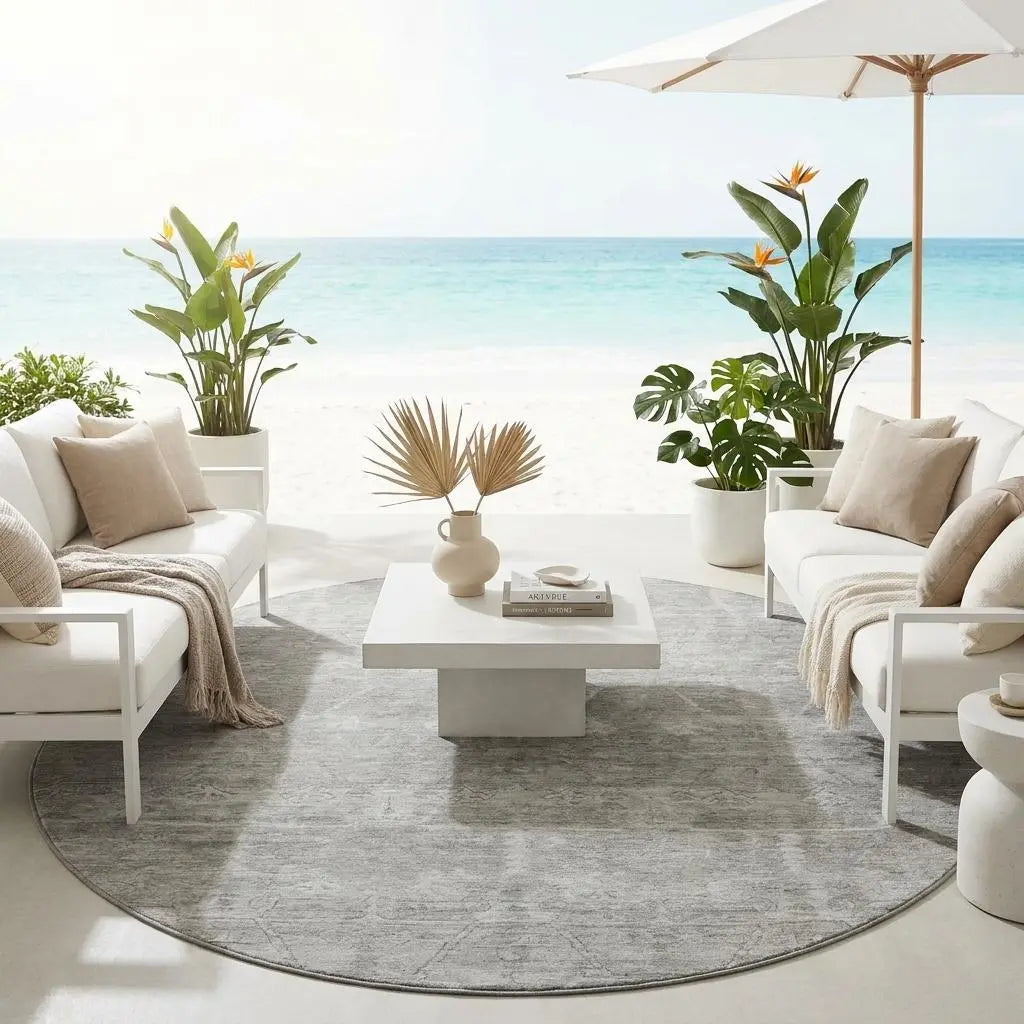 8' Taupe And Brown Round Tribal Washable Indoor Outdoor Area Rug Homeroots Outdoor