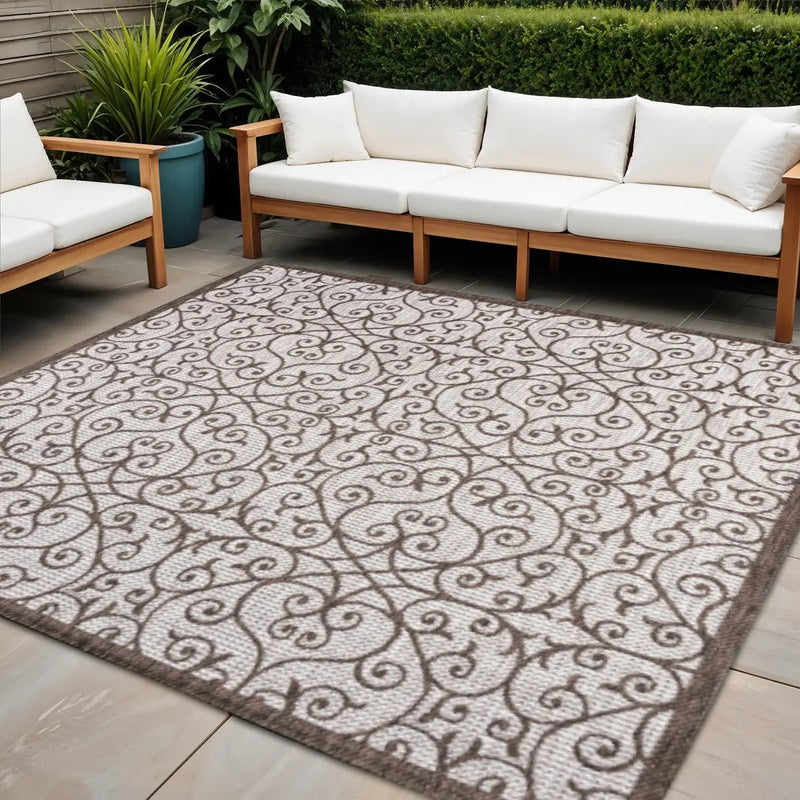 8' Taupe And Espresso Square Geometric Indoor Outdoor Area Rug Homeroots Outdoor