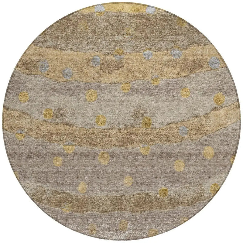 8' Taupe And Gold Round Striped Washable Indoor Outdoor Area Rug Homeroots Outdoor