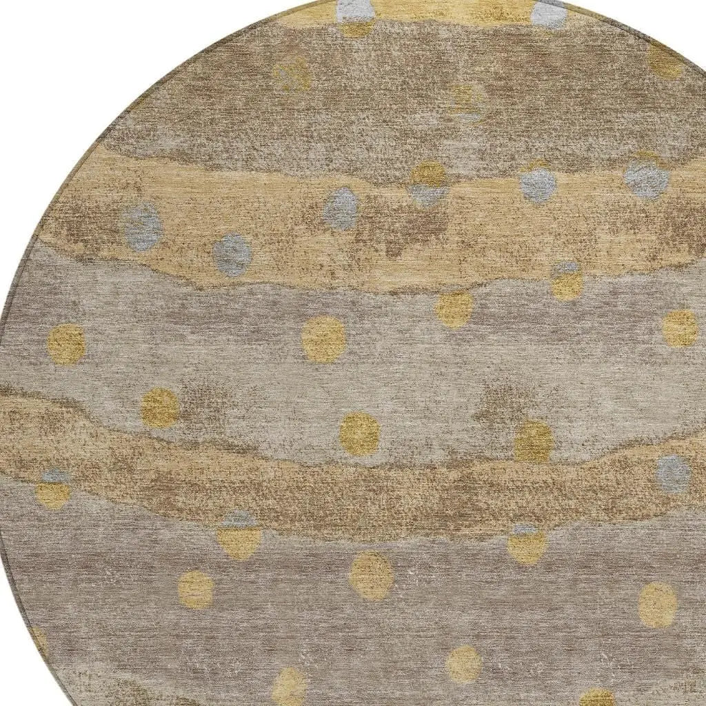 8' Taupe And Gold Round Striped Washable Indoor Outdoor Area Rug Homeroots Outdoor