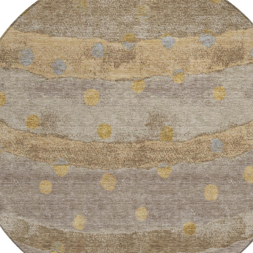 8' Taupe And Gold Round Striped Washable Indoor Outdoor Area Rug Homeroots Outdoor