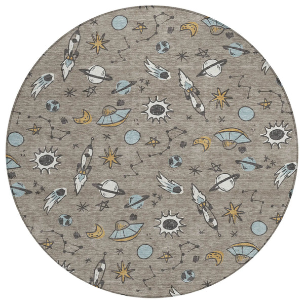 8' Taupe And Gray Round Animal Print Washable Indoor Outdoor Area Rug Homeroots Outdoor