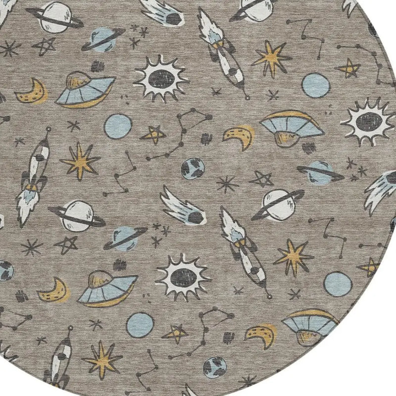 8' Taupe And Gray Round Animal Print Washable Indoor Outdoor Area Rug Homeroots Outdoor