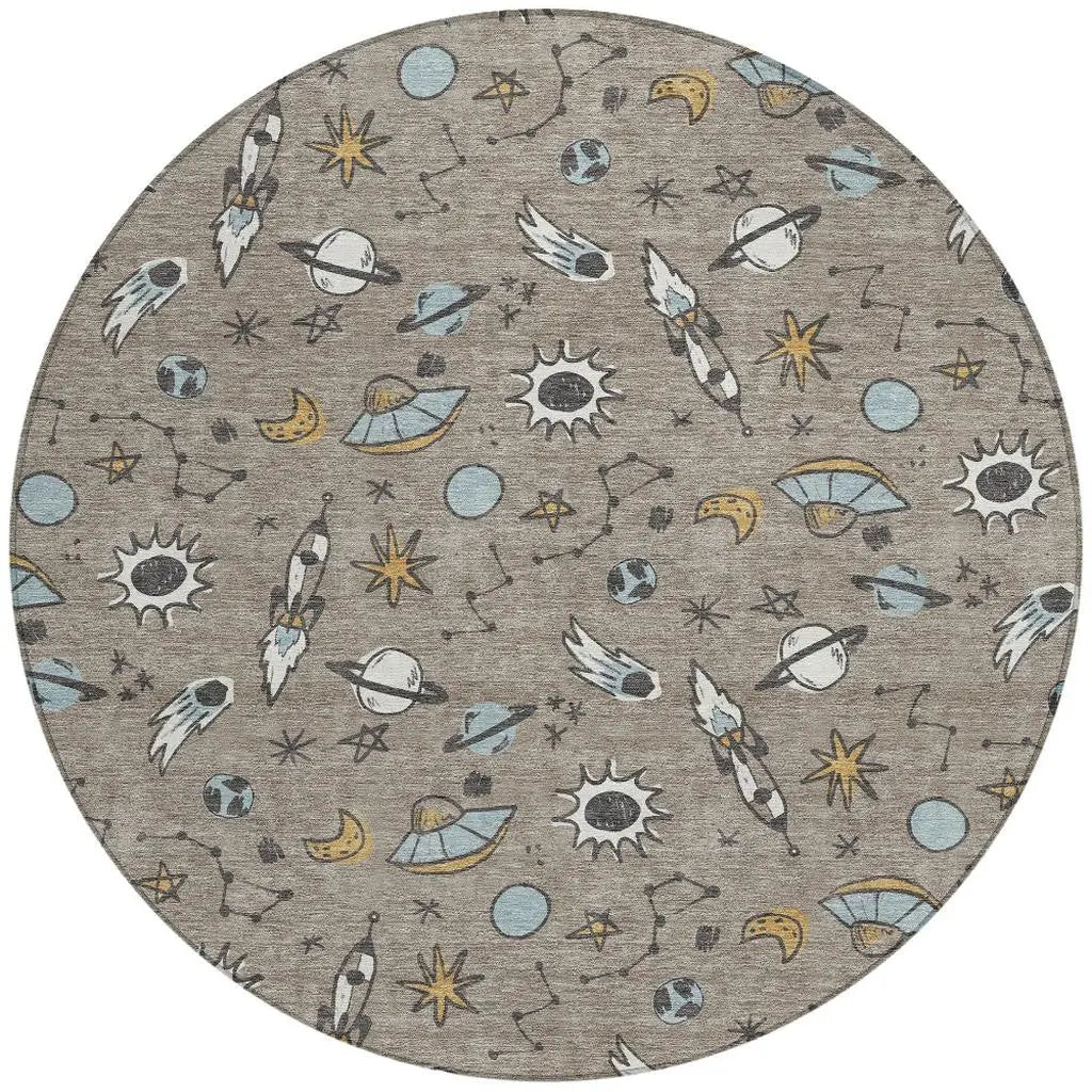 8' Taupe And Gray Round Animal Print Washable Indoor Outdoor Area Rug Homeroots Outdoor