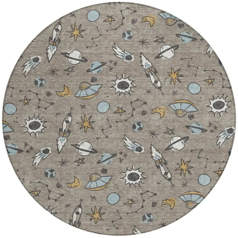 8' Taupe And Gray Round Animal Print Washable Indoor Outdoor Area Rug Homeroots Outdoor