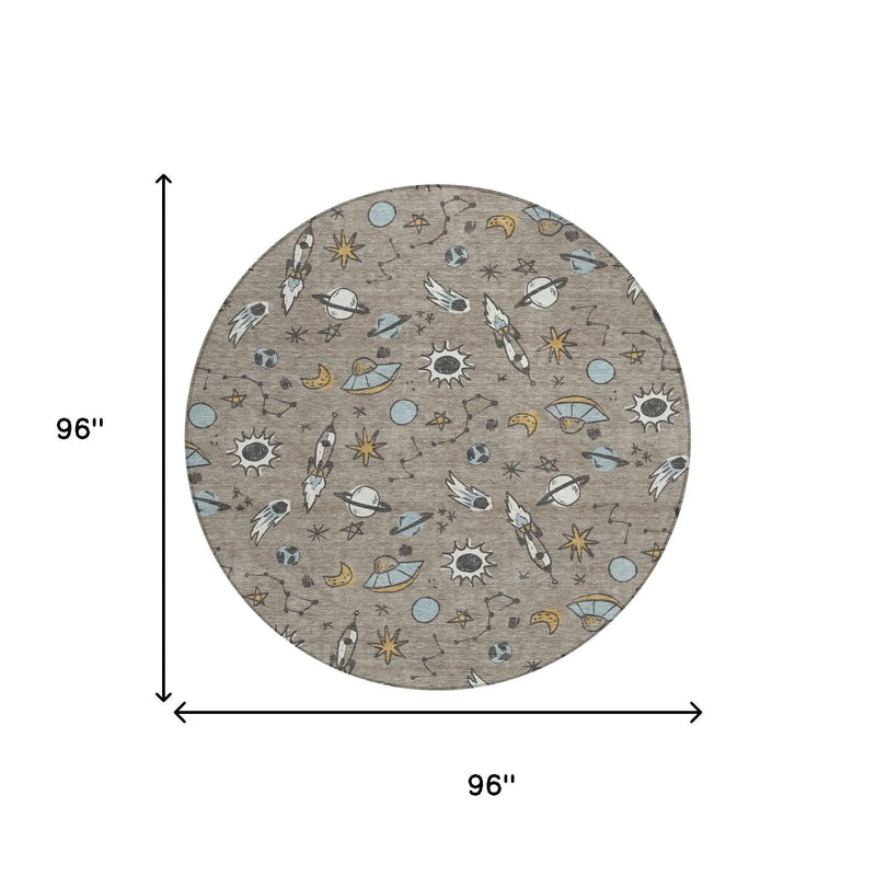 8' Taupe And Gray Round Animal Print Washable Indoor Outdoor Area Rug Homeroots Outdoor