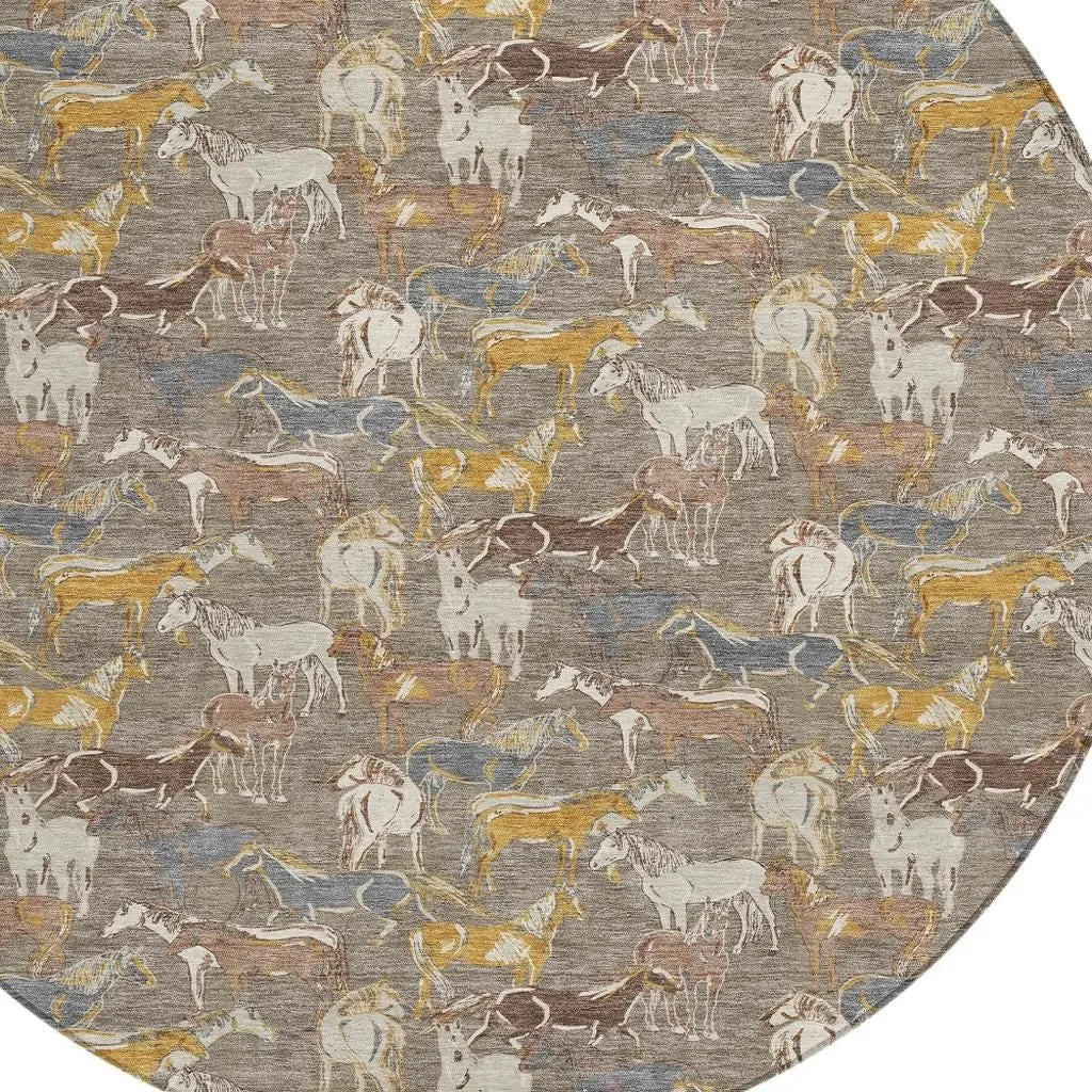 8' Taupe And Gray Round Horse Washable Indoor Outdoor Area Rug Homeroots Outdoor