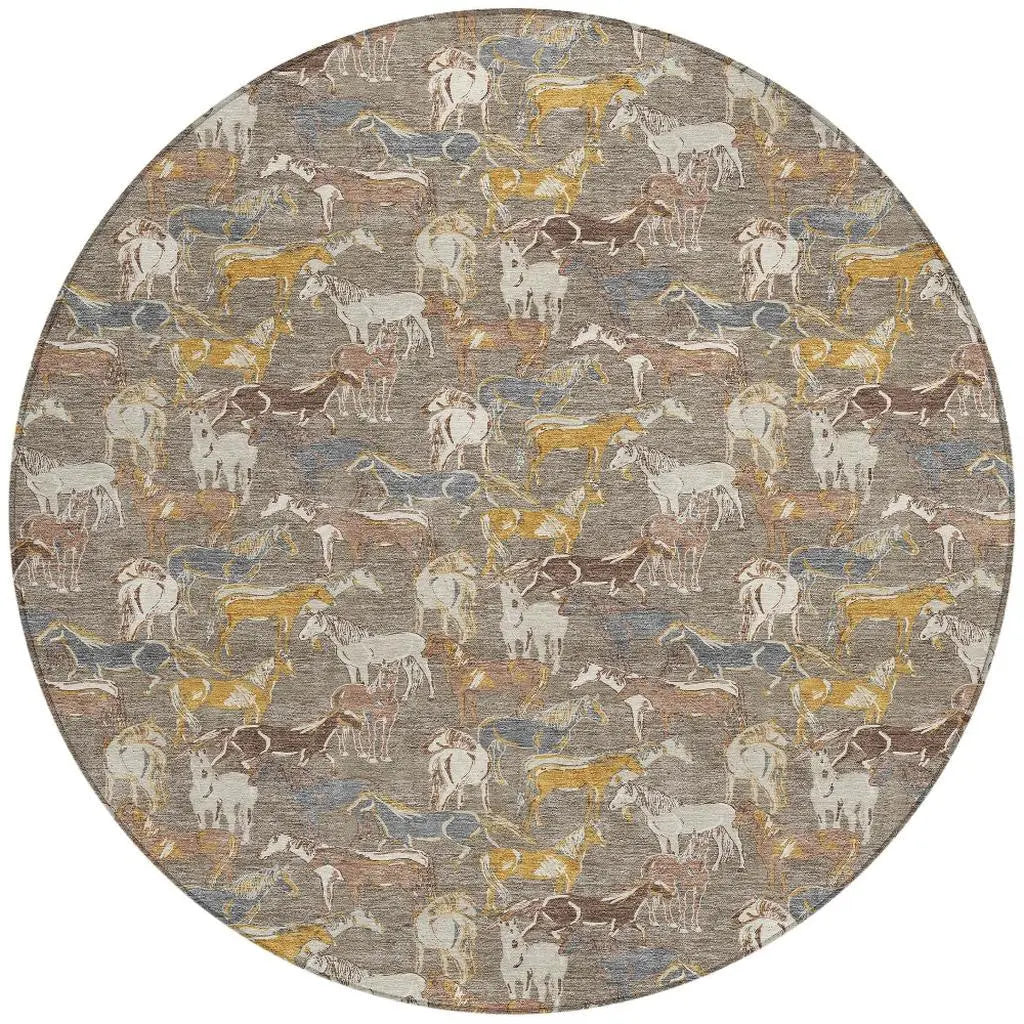 8' Taupe And Gray Round Horse Washable Indoor Outdoor Area Rug Homeroots Outdoor