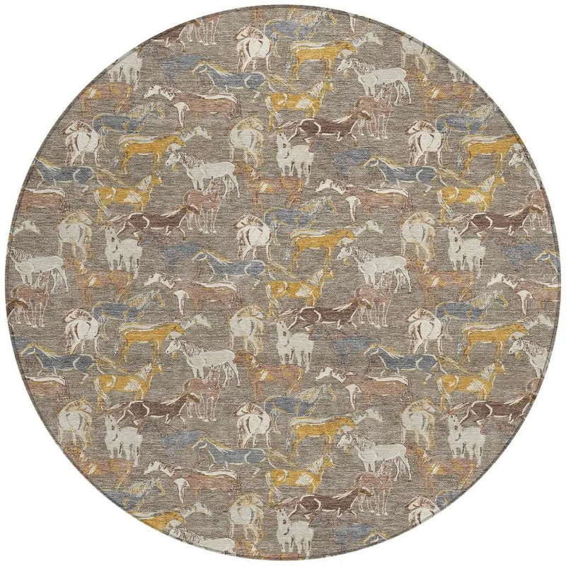8' Taupe And Gray Round Horse Washable Indoor Outdoor Area Rug Homeroots Outdoor