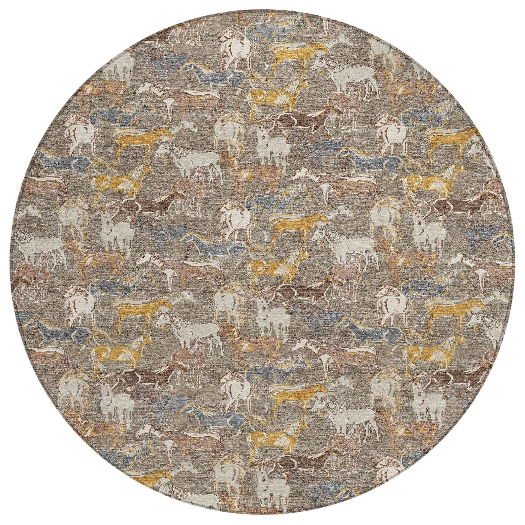 8' Taupe And Gray Round Horse Washable Indoor Outdoor Area Rug Homeroots Outdoor