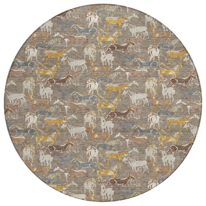 8' Taupe And Gray Round Horse Washable Indoor Outdoor Area Rug Homeroots Outdoor