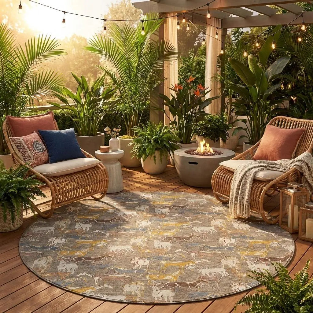 8' Taupe And Gray Round Horse Washable Indoor Outdoor Area Rug Homeroots Outdoor
