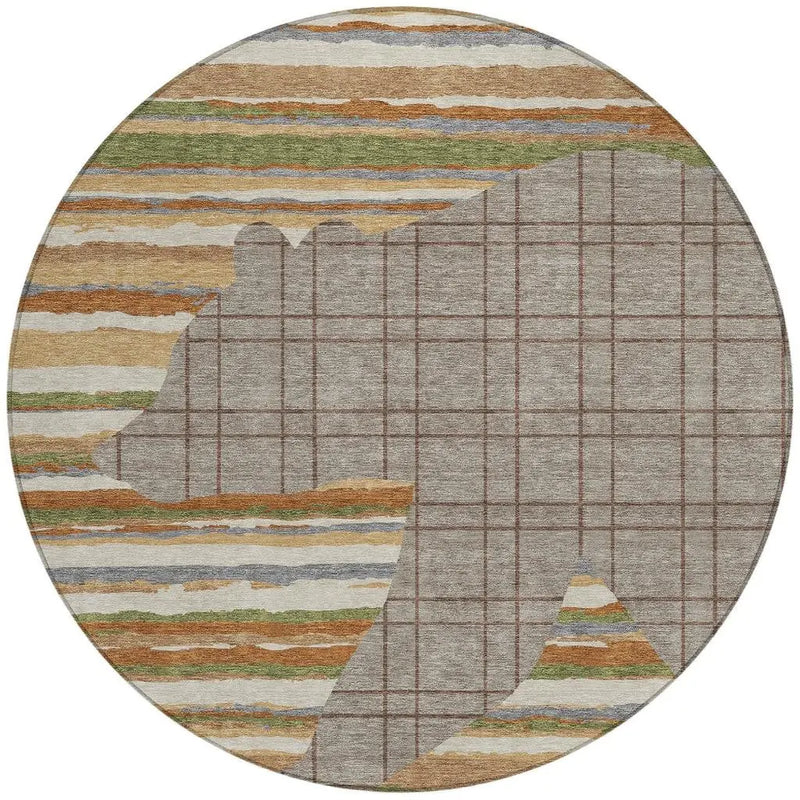 8' Taupe And Ivory Round Abstract Washable Indoor Outdoor Area Rug Homeroots Outdoor