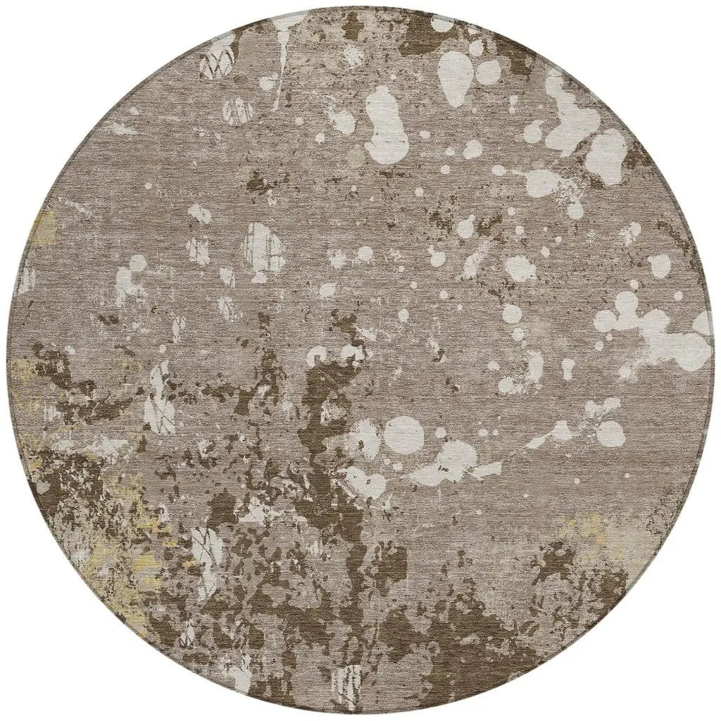 8' Taupe And Ivory Round Abstract Washable Indoor Outdoor Area Rug Homeroots Outdoor