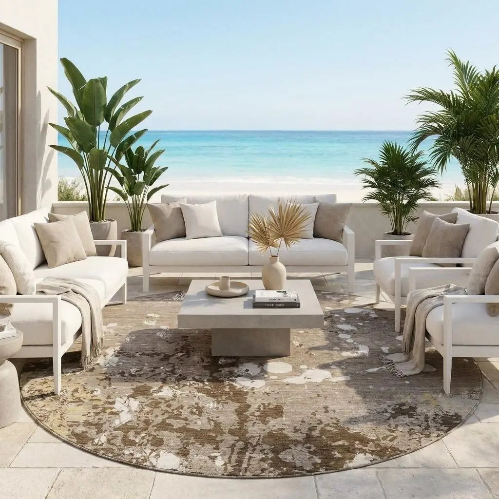 8' Taupe And Ivory Round Abstract Washable Indoor Outdoor Area Rug Homeroots Outdoor