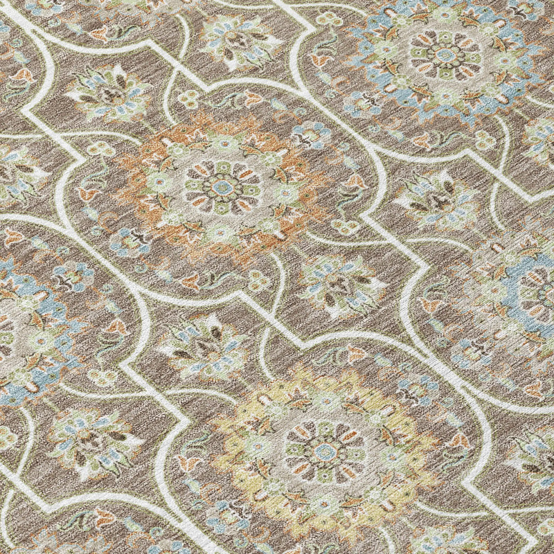 8' Taupe And Ivory Round Floral Medallion Washable Indoor Outdoor Area Rug Homeroots Outdoor