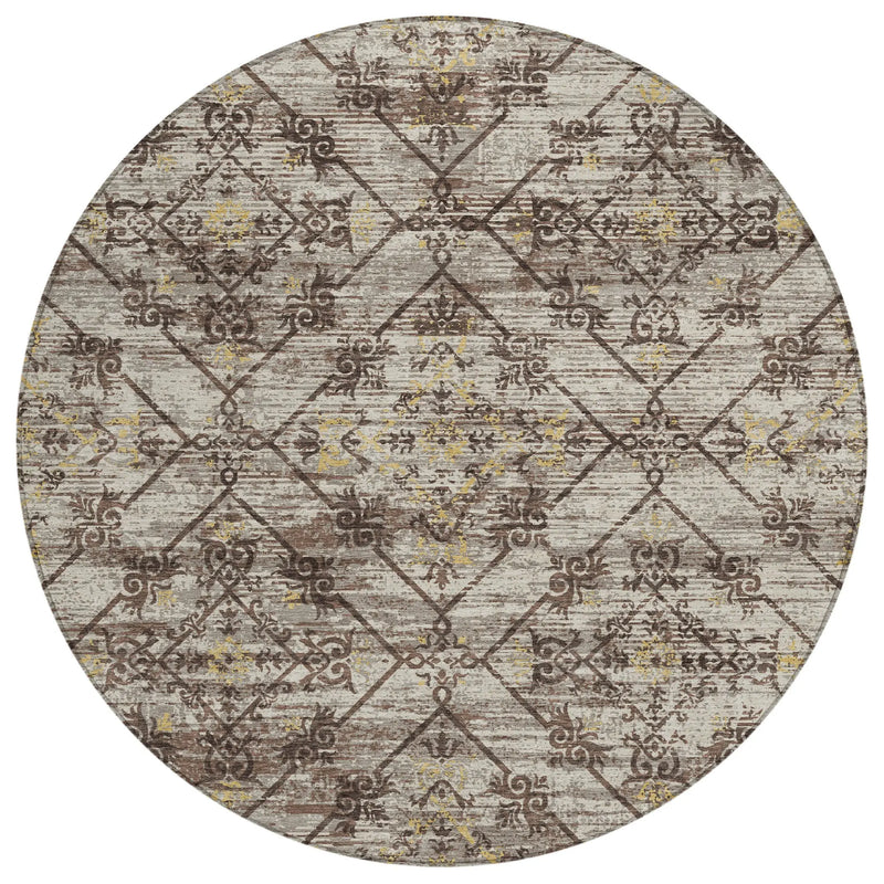 8' Taupe And Ivory Round Geometric Washable Indoor Outdoor Area Rug Homeroots Outdoor