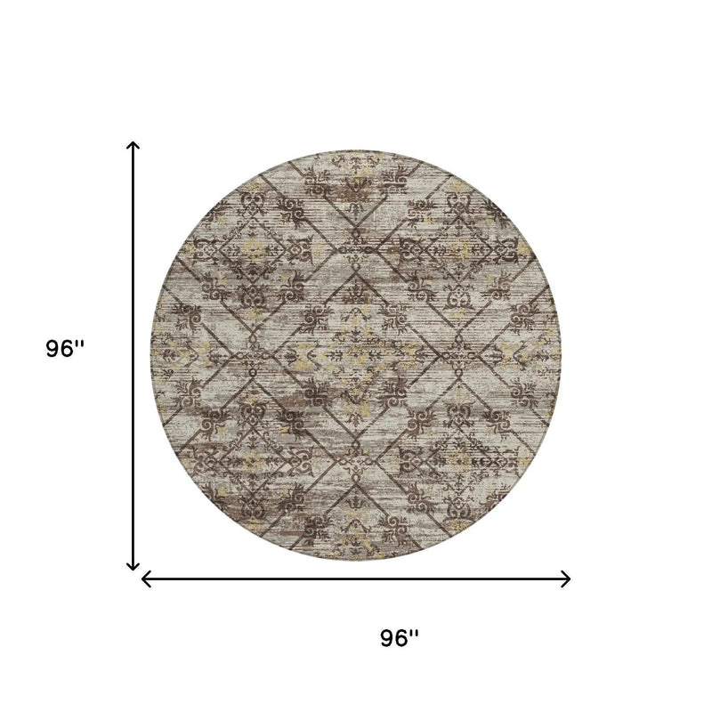 8' Taupe And Ivory Round Geometric Washable Indoor Outdoor Area Rug Homeroots Outdoor