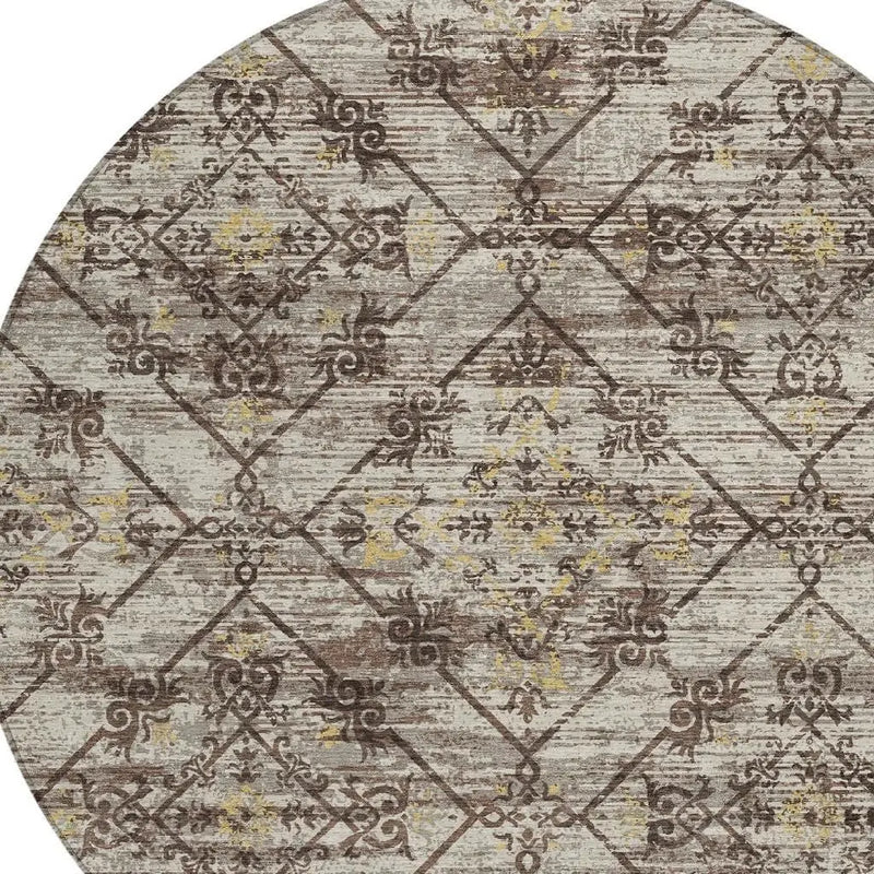 8' Taupe And Ivory Round Geometric Washable Indoor Outdoor Area Rug Homeroots Outdoor