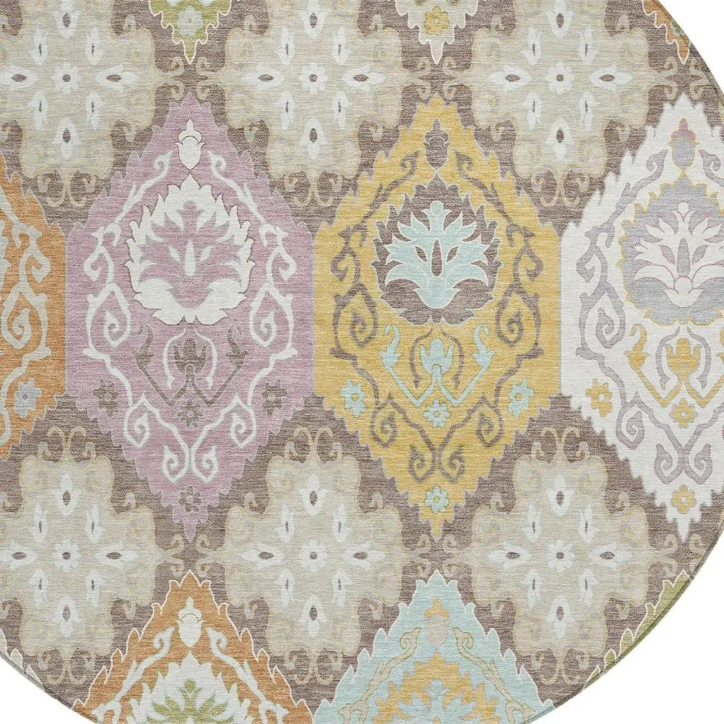 8' Taupe And Ivory Round Geometric Washable Indoor Outdoor Area Rug Homeroots Outdoor