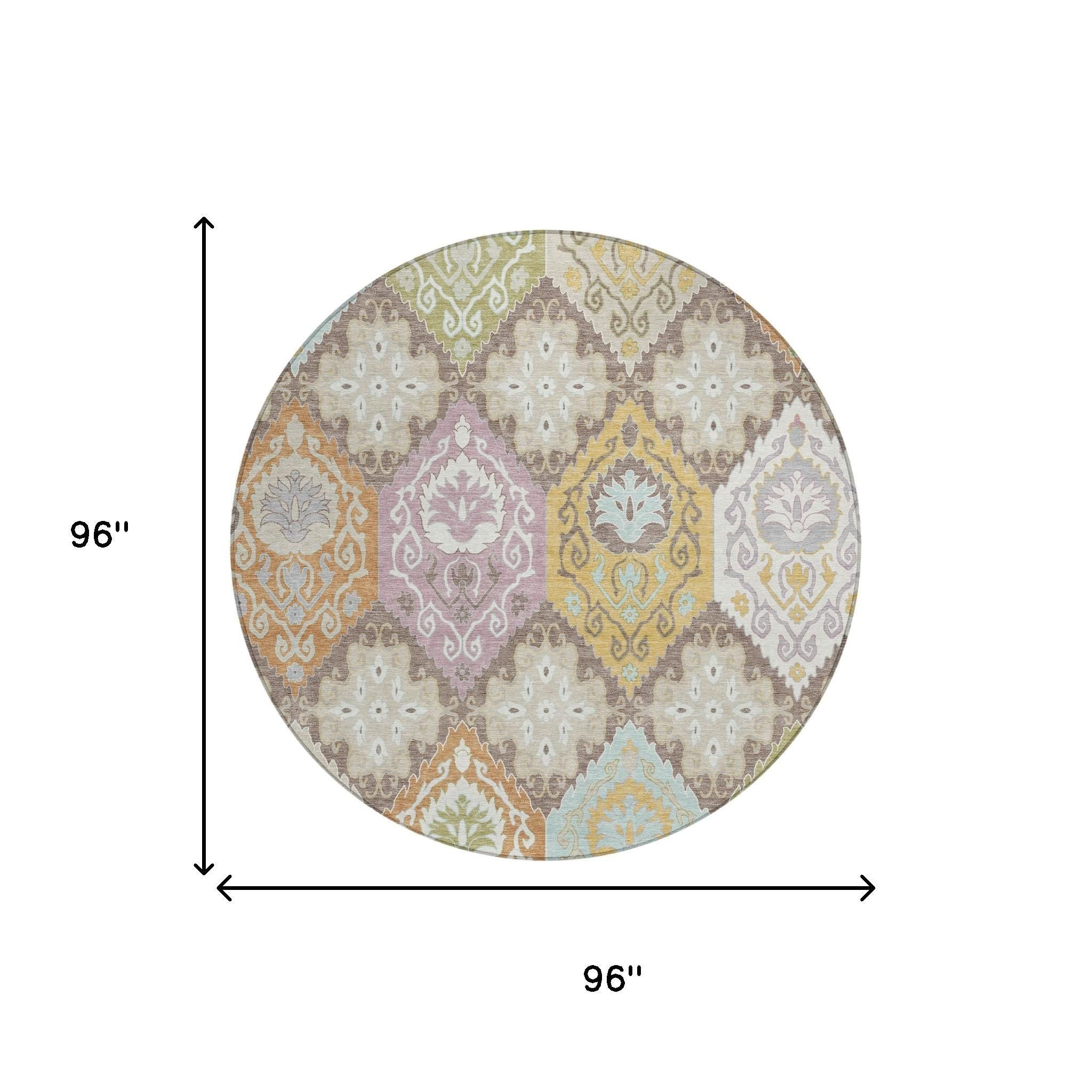 8' Taupe And Ivory Round Geometric Washable Indoor Outdoor Area Rug Homeroots Outdoor