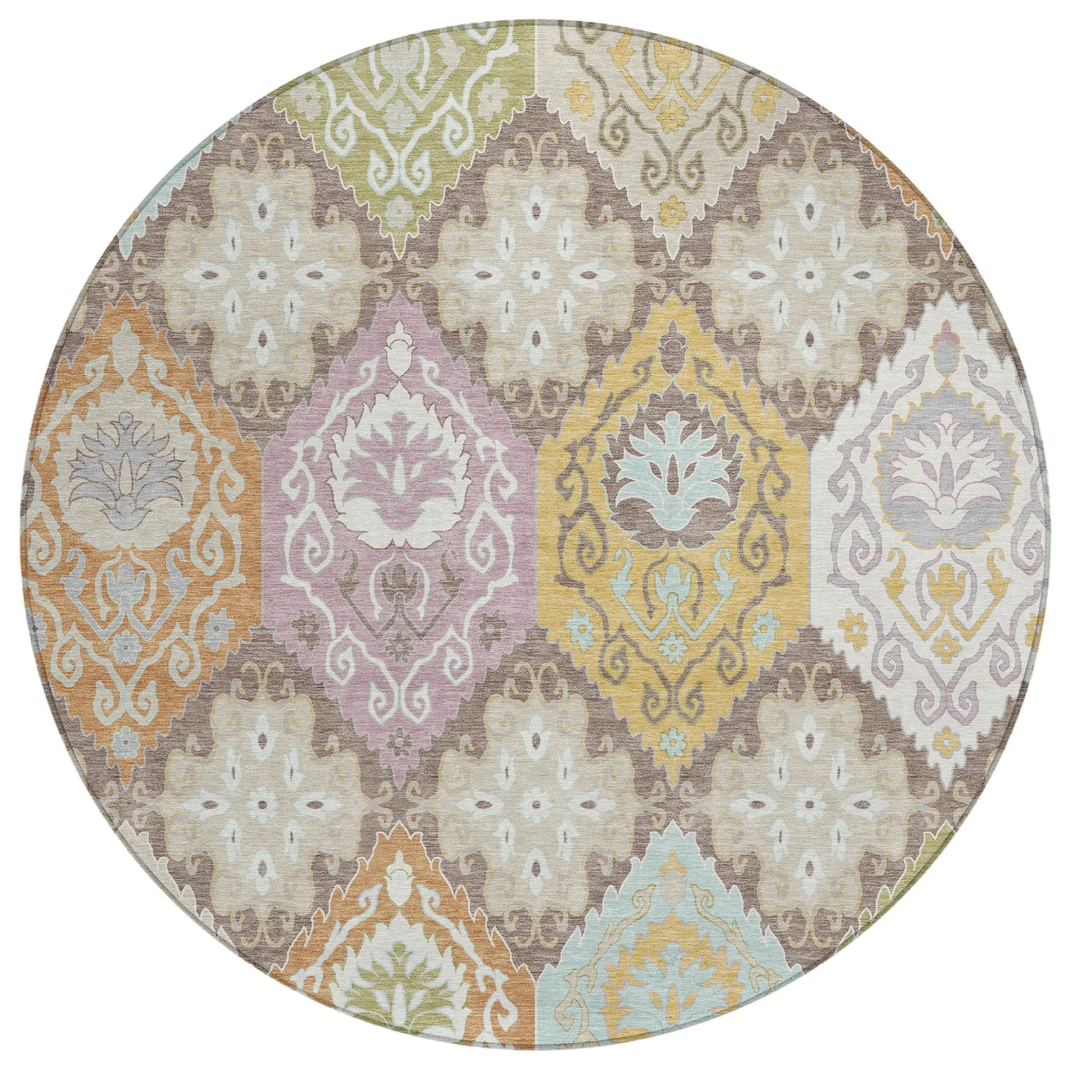8' Taupe And Ivory Round Geometric Washable Indoor Outdoor Area Rug Homeroots Outdoor