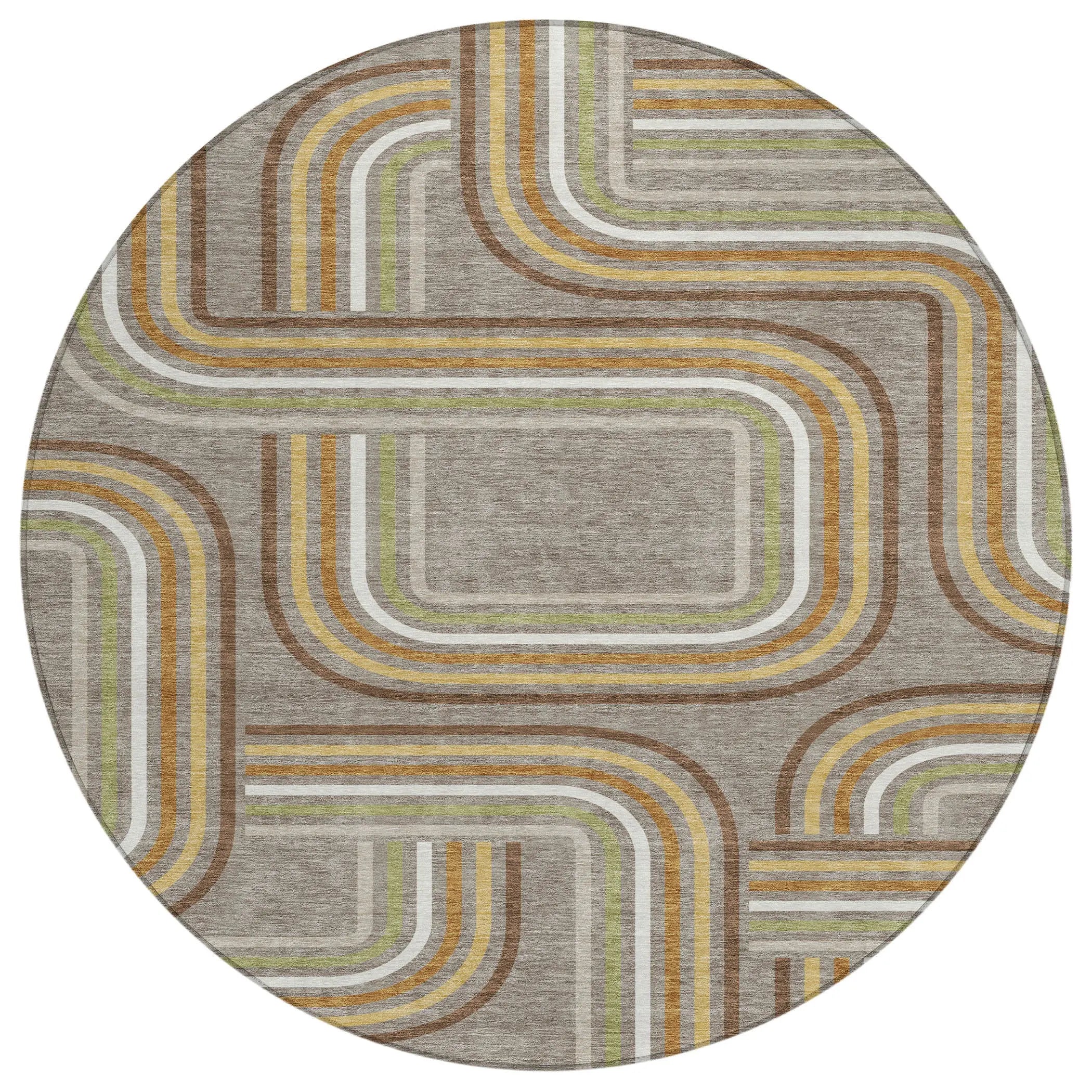 8' Taupe And Ivory Round Geometric Washable Indoor Outdoor Area Rug Homeroots Outdoor