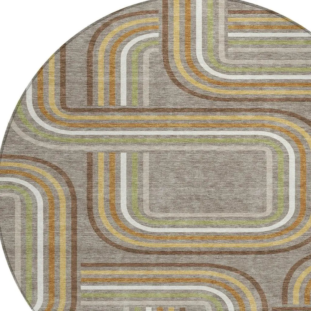 8' Taupe And Ivory Round Geometric Washable Indoor Outdoor Area Rug Homeroots Outdoor