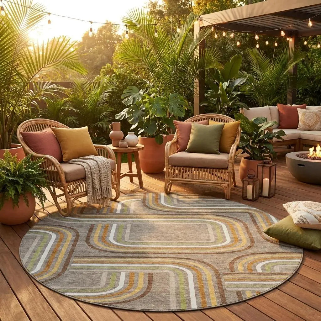 8' Taupe And Ivory Round Geometric Washable Indoor Outdoor Area Rug Homeroots Outdoor