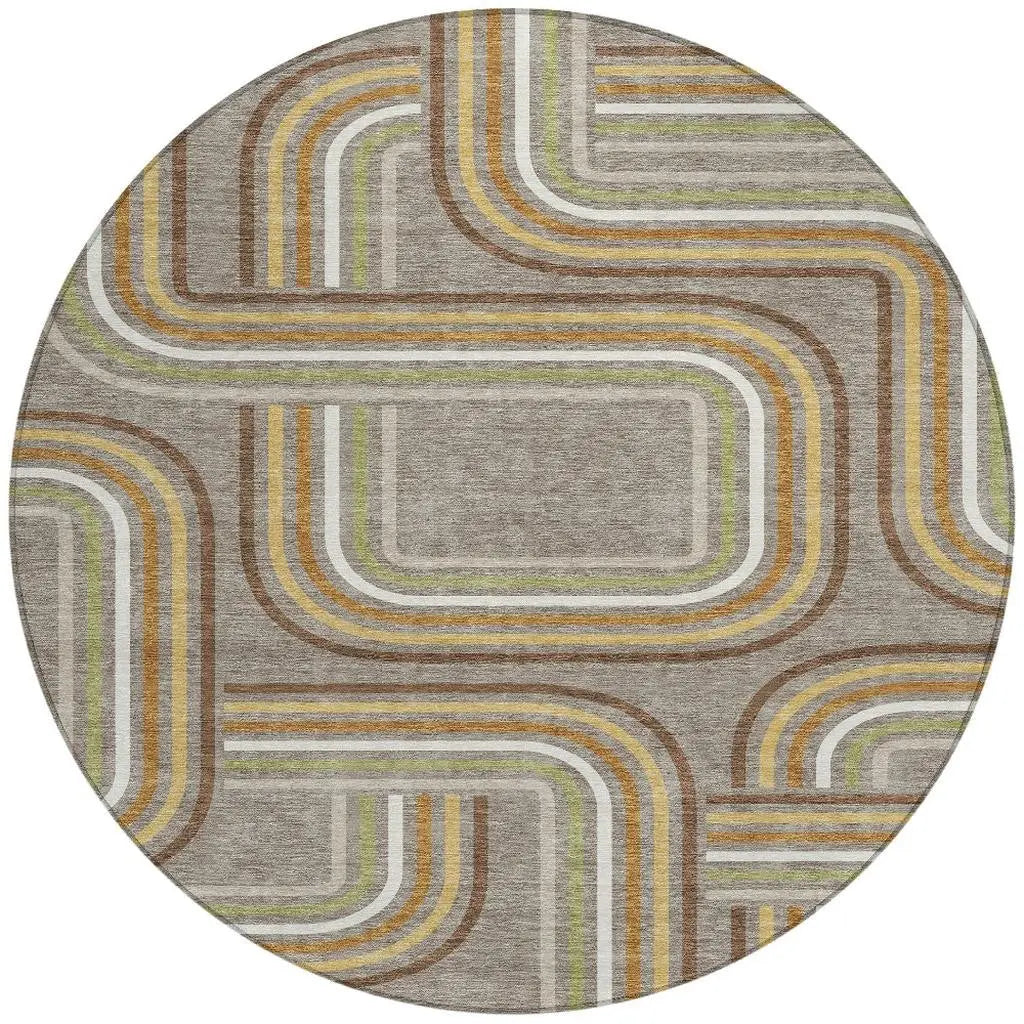 8' Taupe And Ivory Round Geometric Washable Indoor Outdoor Area Rug Homeroots Outdoor