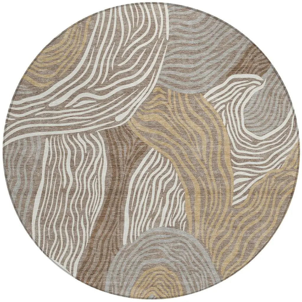 8' Taupe And Ivory Round Ikat Washable Indoor Outdoor Area Rug Homeroots Outdoor
