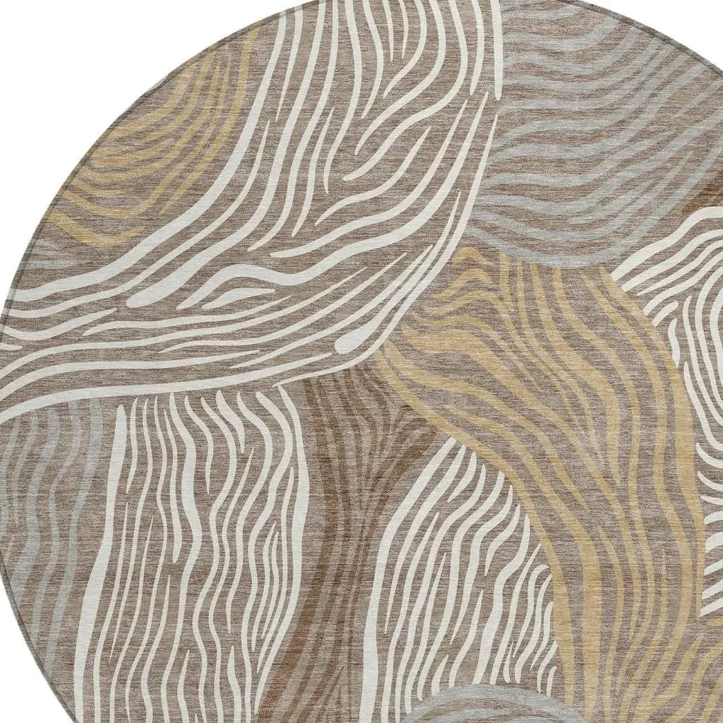 8' Taupe And Ivory Round Ikat Washable Indoor Outdoor Area Rug Homeroots Outdoor