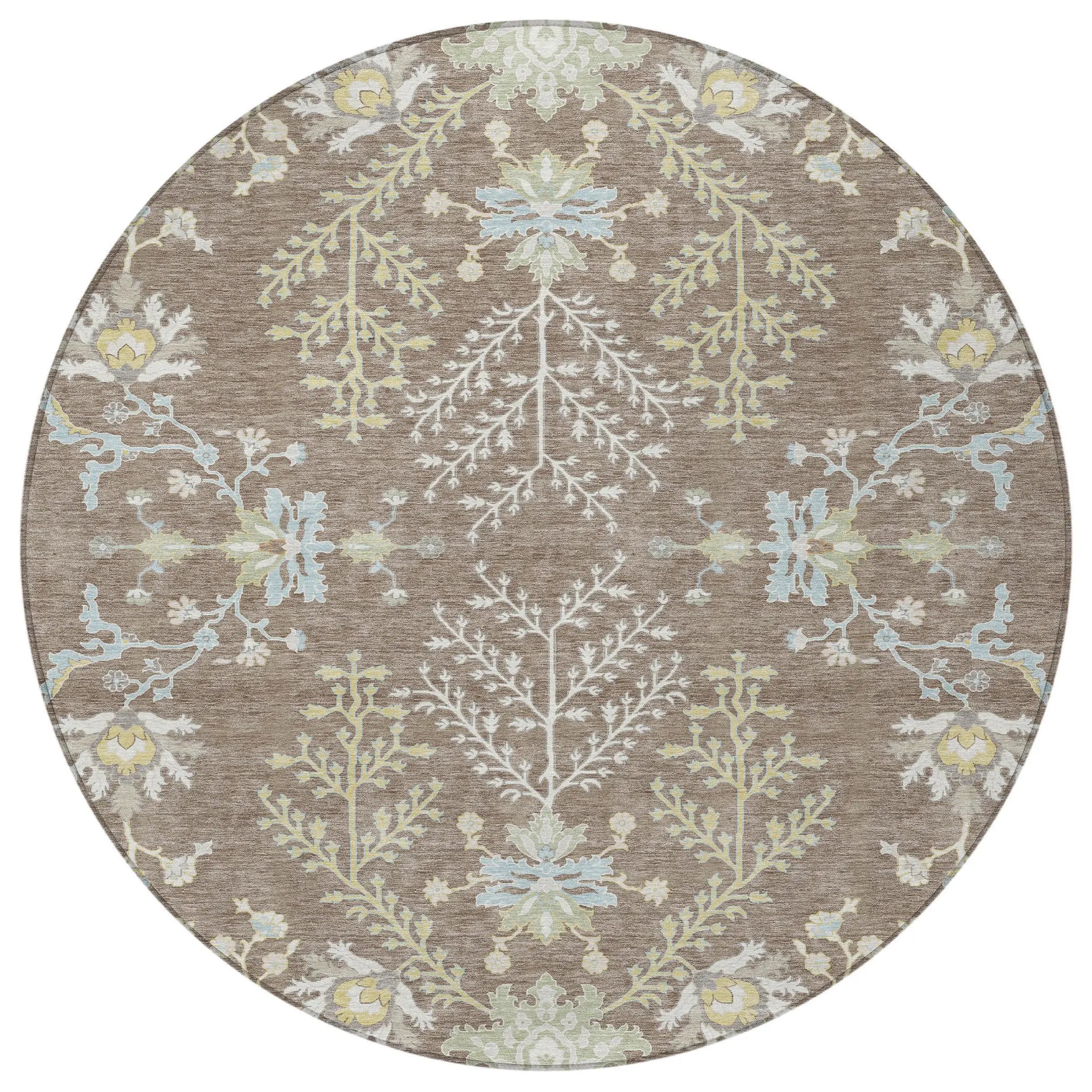 8' Taupe And Ivory Round Oriental Washable Indoor Outdoor Area Rug Homeroots Outdoor