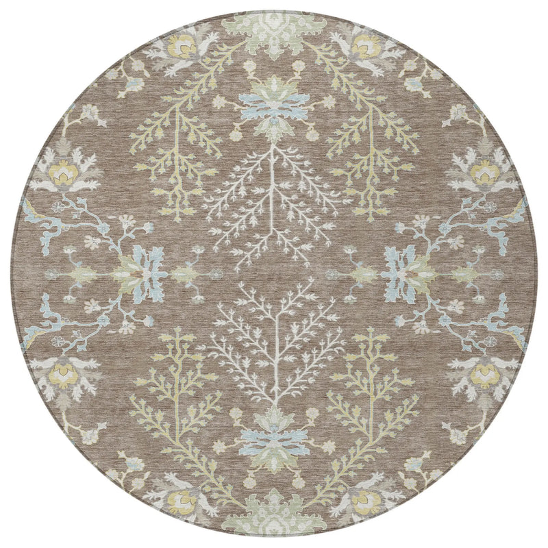 8' Taupe And Ivory Round Oriental Washable Indoor Outdoor Area Rug Homeroots Outdoor