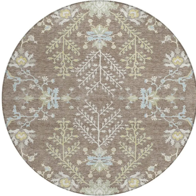 8' Taupe And Ivory Round Oriental Washable Indoor Outdoor Area Rug Homeroots Outdoor