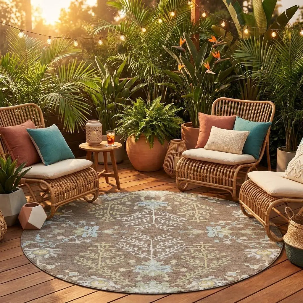 8' Taupe And Ivory Round Oriental Washable Indoor Outdoor Area Rug Homeroots Outdoor