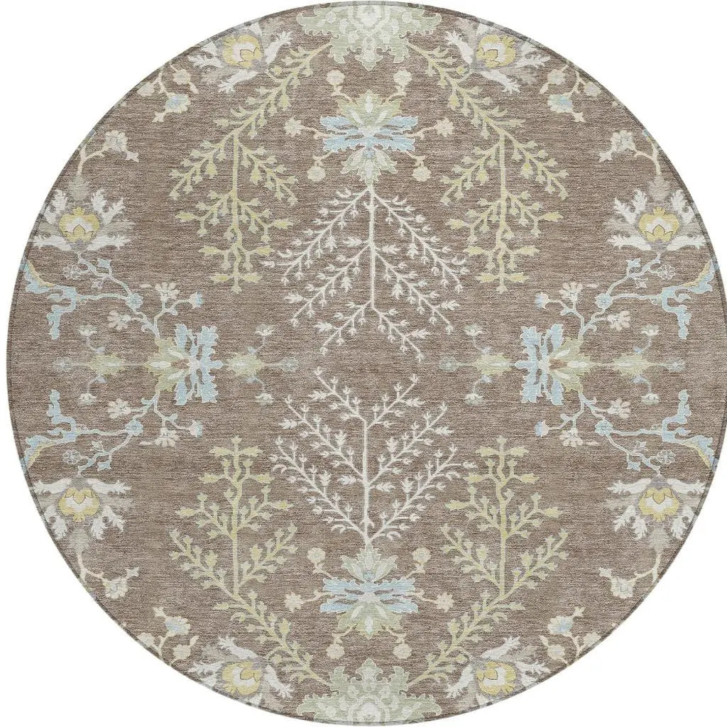 8' Taupe And Ivory Round Oriental Washable Indoor Outdoor Area Rug Homeroots Outdoor