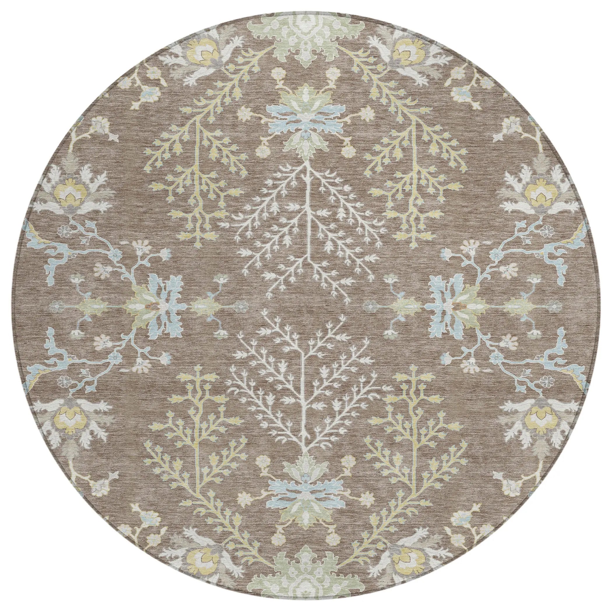 8' Taupe And Ivory Round Oriental Washable Indoor Outdoor Area Rug Homeroots Outdoor