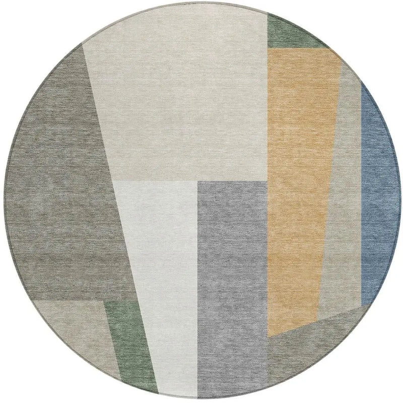 8' Taupe And Olive Green Round Geometric Washable Indoor Outdoor Area Rug Homeroots Outdoor