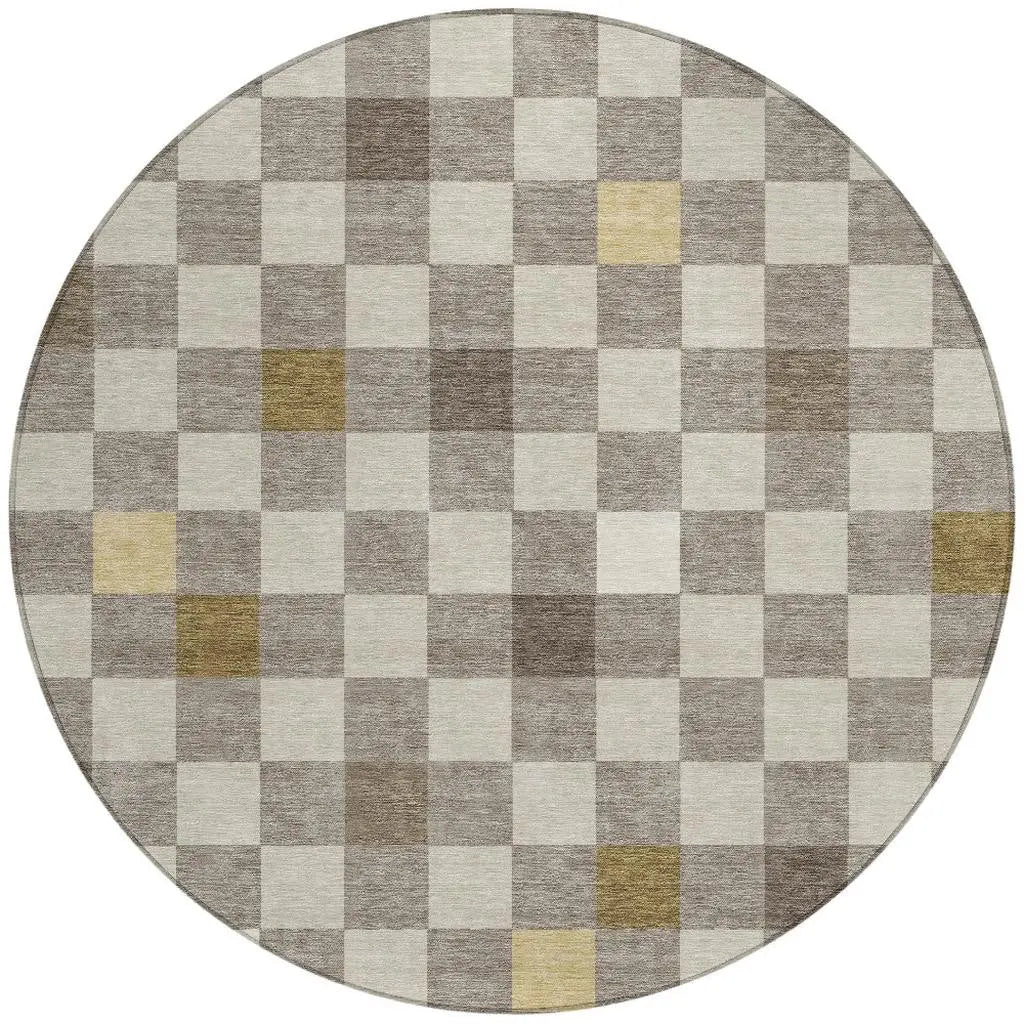 8' Taupe And Teal Blue Round Geometric Washable Indoor Outdoor Area Rug Homeroots Outdoor