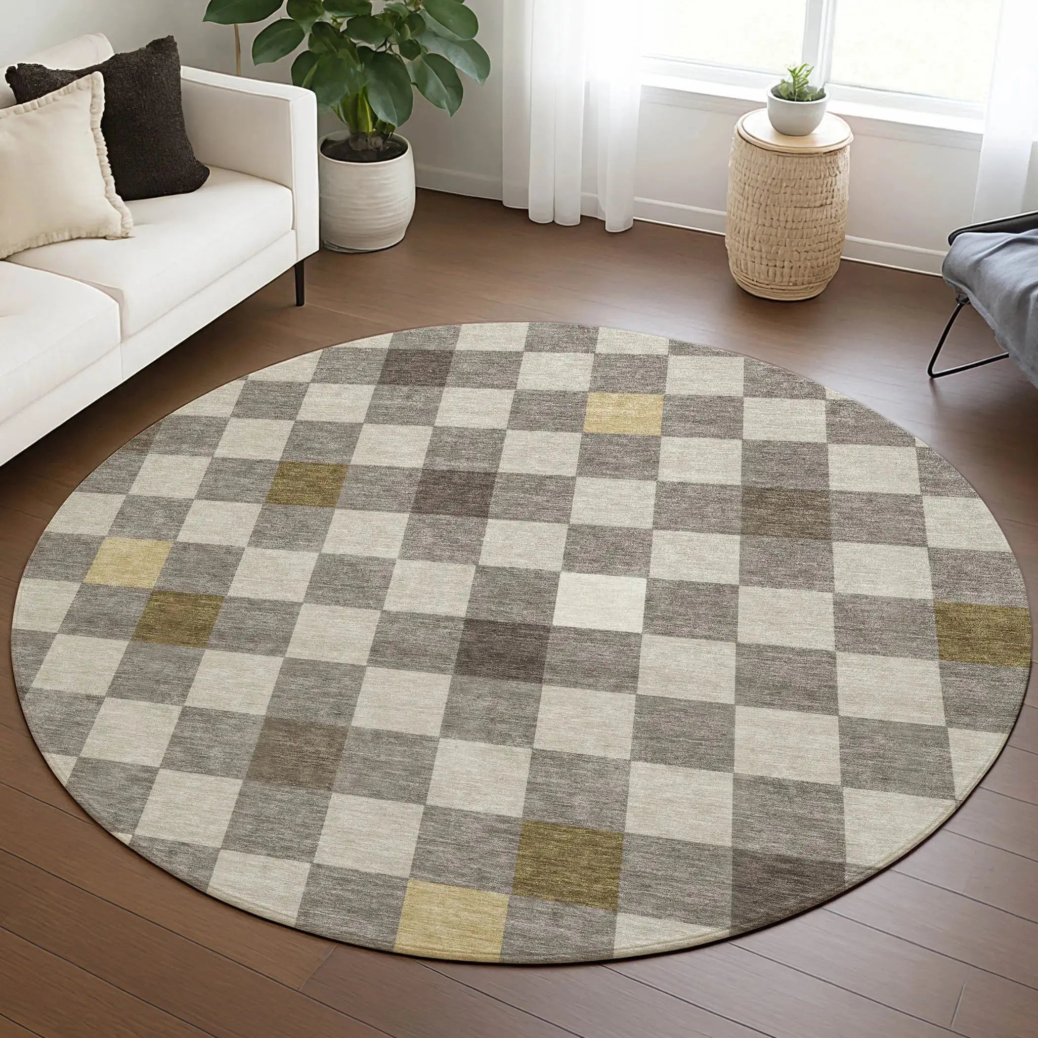 8' Taupe And Teal Blue Round Geometric Washable Indoor Outdoor Area Rug Homeroots Outdoor