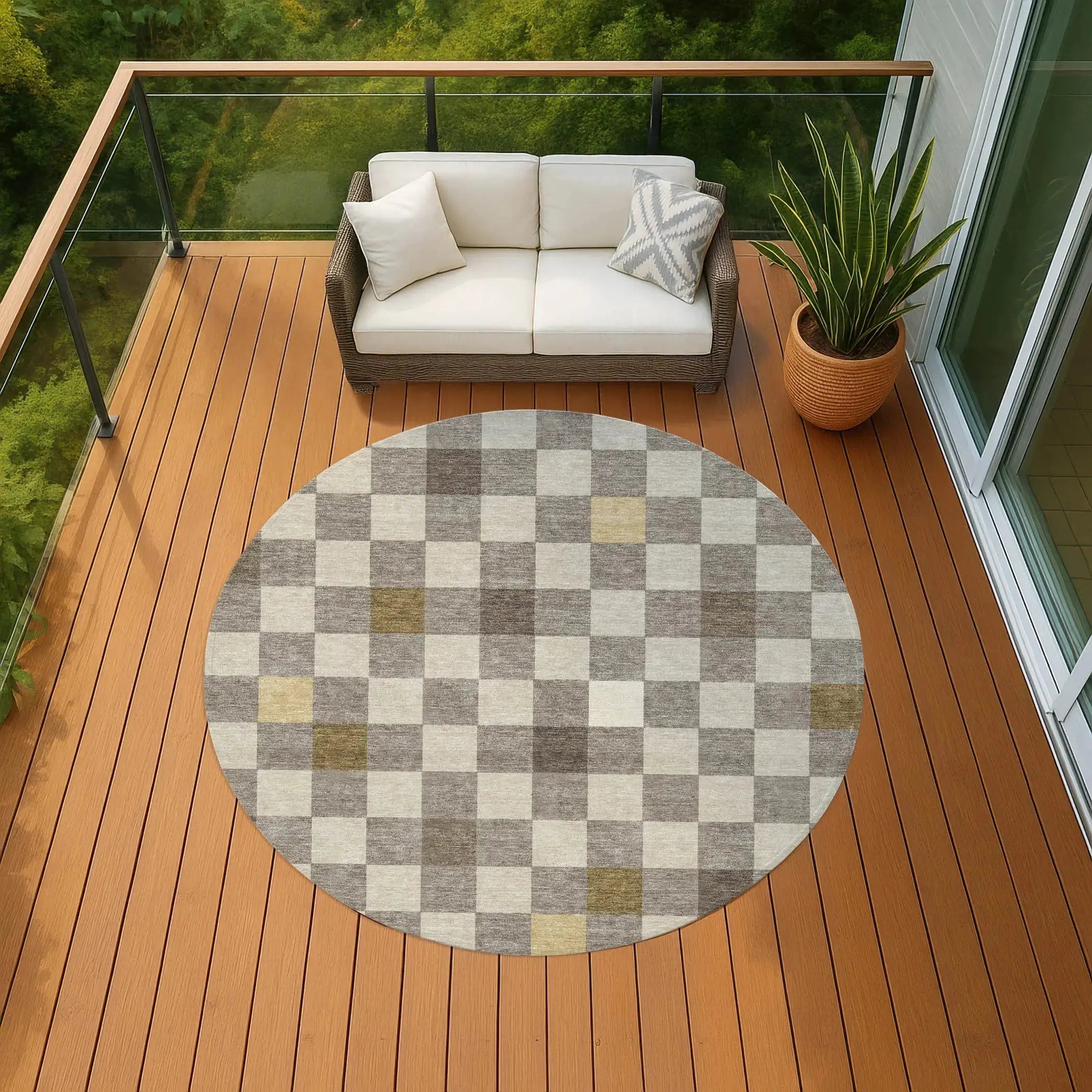 8' Taupe And Teal Blue Round Geometric Washable Indoor Outdoor Area Rug Homeroots Outdoor