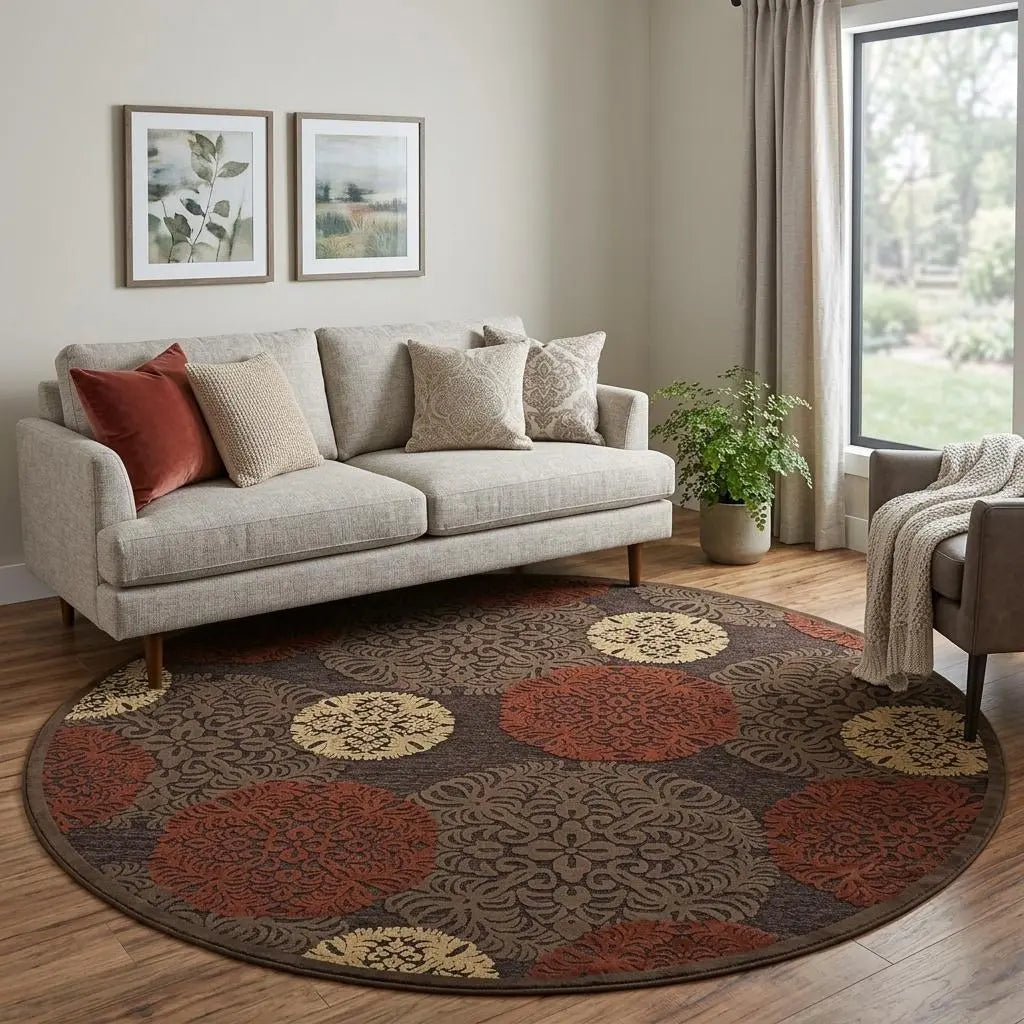 8' Taupe Red And Tan Polka Dot Round Rug Homeroots Home Decor